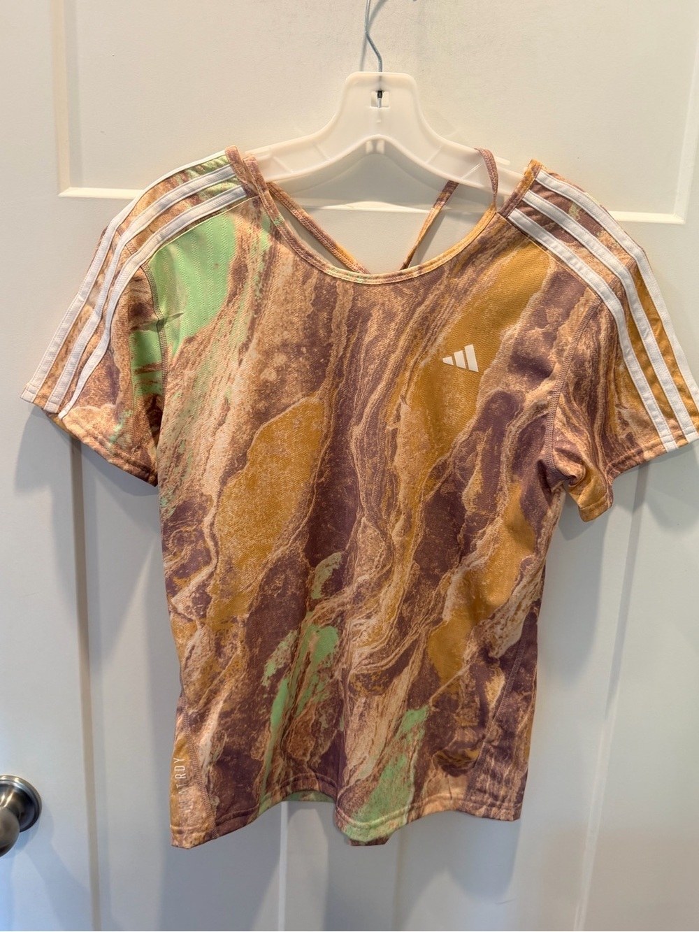 Adidas Climacool Marble Print Athletic Top Small 3 Stripe Workout Tee